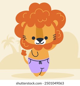 Cute kawaii lion on beach in cartoon, flat, doodle, simple style. Design element for posters, postcards, greeting cards, wallpapers, children's clothes, fabrics, t-shirts, logos