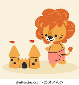 Cute kawaii lion on beach in cartoon, flat, doodle, simple style. Design element for posters, postcards, greeting cards, wallpapers, children's clothes, fabrics, t-shirts, logos