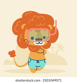 Cute kawaii lion on beach in cartoon, flat, doodle, simple style. Design element for posters, postcards, greeting cards, wallpapers, children's clothes, fabrics, t-shirts, logos