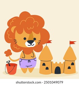 Cute kawaii lion on beach in cartoon, flat, doodle, simple style. Design element for posters, postcards, greeting cards, wallpapers, children's clothes, fabrics, t-shirts, logos