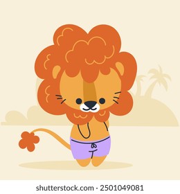 Cute kawaii lion on beach in cartoon, flat, doodle, simple style. Design element for posters, postcards, greeting cards, wallpapers, children's clothes, fabrics, t-shirts, logos