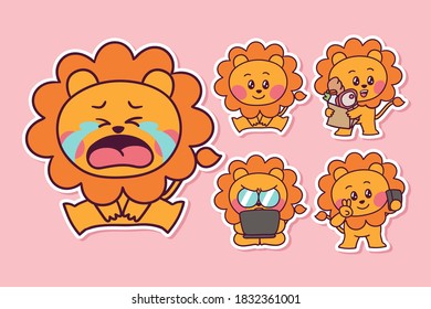 Cute and Kawaii Lion (sitting, shopping, working, taking selfie, crying) Illustration Set