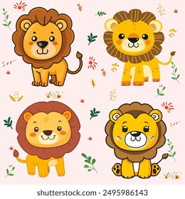 Cute Kawaii Lions Illustration - Adorable Cartoon Lions