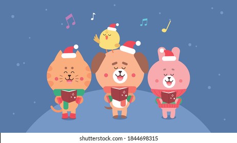 cute kawaii little animal carol singers characters (cat, dog, bunny, bird)