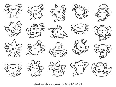 Cute kawaii little axolotl. Coloring Page. Smiling nice cartoon animal character. Hand drawn style. Vector drawing. Collection of design elements.