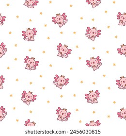 Cute kawaii little axolotl. Seamless pattern. Smiling nice cartoon animal character. Hand drawn style. Vector drawing. Design ornaments.