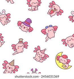 Cute kawaii little axolotl. Seamless pattern. Smiling nice cartoon animal character. Hand drawn style. Vector drawing. Design ornaments.