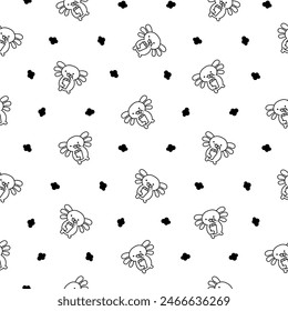 Cute kawaii little axolotl. Seamless pattern. Coloring Page. Smiling nice cartoon animal character. Hand drawn style. Vector drawing. Design ornaments.