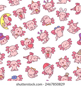 Cute kawaii little axolotl. Seamless pattern. Smiling nice cartoon animal character. Hand drawn style. Vector drawing. Design ornaments.