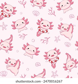 Cute kawaii little axolotl. Seamless pattern. Smiling nice cartoon animal character. Hand drawn style. Vector drawing. Design ornaments.