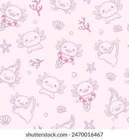 Cute kawaii little axolotl. Seamless pattern. Smiling nice cartoon animal character. Hand drawn style. Vector drawing. Design ornaments.