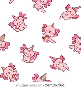 Cute kawaii little axolotl. Seamless pattern. Smiling nice cartoon animal character. Hand drawn style. Vector drawing. Design ornaments.