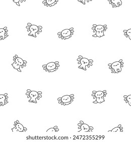 Cute kawaii little axolotl. Seamless pattern. Coloring Page. Smiling nice cartoon animal character. Hand drawn style. Vector drawing. Design ornaments.