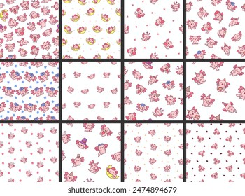 Cute kawaii little axolotl. Seamless pattern. Smiling nice cartoon animal character. Hand drawn style. Vector drawing. Collection of design ornaments.