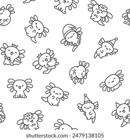 Cute kawaii little axolotl. Seamless pattern. Coloring Page. Smiling nice cartoon animal character. Hand drawn style. Vector drawing. Design ornaments.