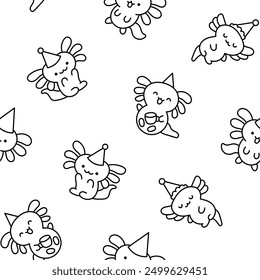 Cute kawaii little axolotl. Seamless pattern. Coloring Page. Smiling nice cartoon animal character. Hand drawn style. Vector drawing. Design ornaments.