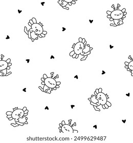 Cute kawaii little axolotl. Seamless pattern. Coloring Page. Smiling nice cartoon animal character. Hand drawn style. Vector drawing. Design ornaments.