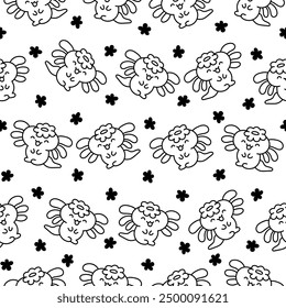 Cute kawaii little axolotl. Seamless pattern. Coloring Page. Smiling nice cartoon animal character. Hand drawn style. Vector drawing. Design ornaments.