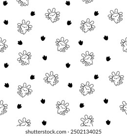 Cute kawaii little axolotl. Seamless pattern. Coloring Page. Smiling nice cartoon animal character. Hand drawn style. Vector drawing. Design ornaments.