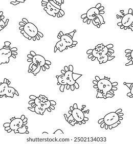 Cute kawaii little axolotl. Seamless pattern. Coloring Page. Smiling nice cartoon animal character. Hand drawn style. Vector drawing. Design ornaments.