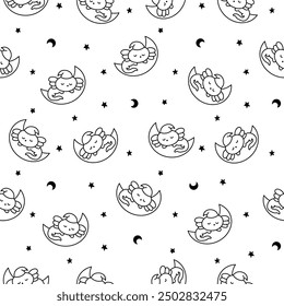 Cute kawaii little axolotl. Seamless pattern. Coloring Page. Smiling nice cartoon animal character. Hand drawn style. Vector drawing. Design ornaments.