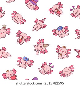 Cute kawaii little axolotl. Seamless pattern. Smiling nice cartoon animal character. Hand drawn style. Vector drawing. Design ornaments.