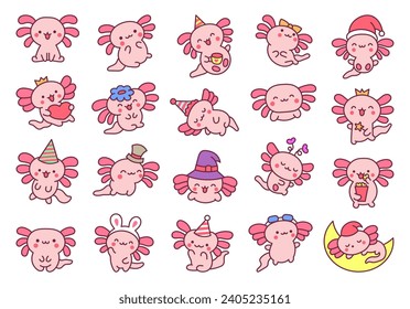 Cute kawaii little axolotl. Smiling nice cartoon animal character. Hand drawn style. Vector drawing. Collection of design elements.