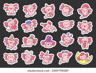 Cute kawaii little axolotl. Sticker Bookmark. Smiling nice cartoon animal character. Hand drawn style. Vector drawing. Collection of design elements.