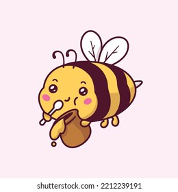 Cute kawaii little bee eating honey from a jar vector cartoon illustration