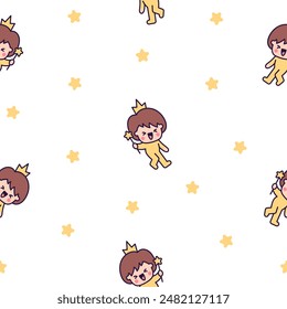 Cute kawaii little boy. Seamless pattern. Happy kid cartoon character. Hand drawn style. Vector drawing. Design ornaments.