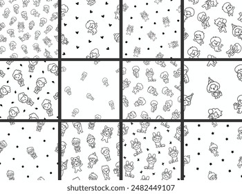 Cute kawaii little boy. Seamless pattern. Coloring Page. Happy kid cartoon character. Hand drawn style. Vector drawing. Collection of design ornaments.