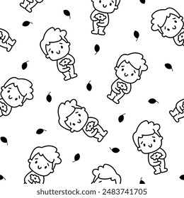 Cute kawaii little boy. Seamless pattern. Coloring Page. Happy kid cartoon character. Hand drawn style. Vector drawing. Design ornaments.