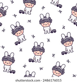 Cute kawaii little boy. Seamless pattern. Happy kid cartoon character. Hand drawn style. Vector drawing. Design ornaments.