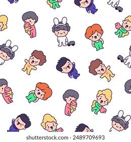 Cute kawaii little boy. Seamless pattern. Happy kid cartoon character. Hand drawn style. Vector drawing. Design ornaments.