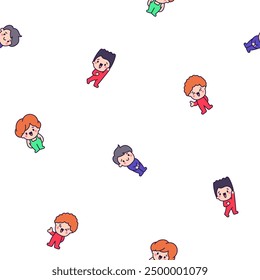 Cute kawaii little boy. Seamless pattern. Happy kid cartoon character. Hand drawn style. Vector drawing. Design ornaments.