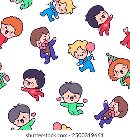 Cute kawaii little boy. Seamless pattern. Happy kid cartoon character. Hand drawn style. Vector drawing. Design ornaments.