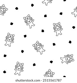 Cute kawaii little boy. Seamless pattern. Coloring Page. Happy kid cartoon character. Hand drawn style. Vector drawing. Design ornaments.