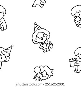 Cute kawaii little boy. Seamless pattern. Coloring Page. Happy kid cartoon character. Hand drawn style. Vector drawing. Design ornaments.