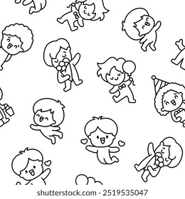 Cute kawaii little boy. Seamless pattern. Coloring Page. Happy kid cartoon character. Hand drawn style. Vector drawing. Design ornaments.