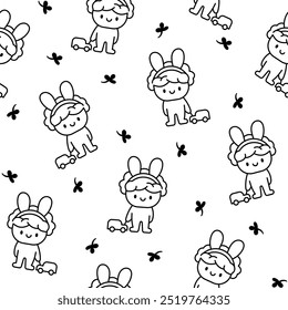 Garotinho kawaii bonito. Padrão contínuo. Página de cores. Personagem de desenho animado de criança feliz. Estilo desenhado à mão. Desenho vetorial. Desenhar ornamentos.