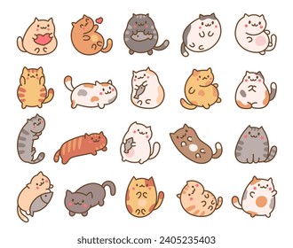 Cute kawaii little cat. Cartoon funny kitty, animals character. Hand drawn style. Vector drawing. Collection of design elements.