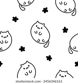 Cute kawaii little cat. Seamless pattern. Coloring Page. Cartoon funny kitty, animals character. Hand drawn style. Vector drawing. Design ornaments.