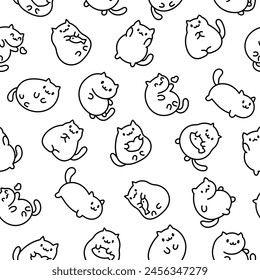Cute kawaii little cat. Seamless pattern. Coloring Page. Cartoon funny kitty, animals character. Hand drawn style. Vector drawing. Design ornaments.