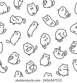 Cute kawaii little cat. Seamless pattern. Coloring Page. Cartoon funny kitty, animals character. Hand drawn style. Vector drawing. Design ornaments.