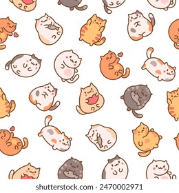 Cute kawaii little cat. Seamless pattern. Cartoon funny kitty, animals character. Hand drawn style. Vector drawing. Design ornaments.