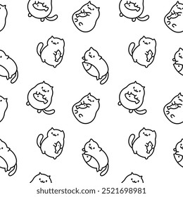 Cute kawaii little cat. Seamless pattern. Coloring Page. Cartoon funny kitty, animals character. Hand drawn style. Vector drawing. Design ornaments.