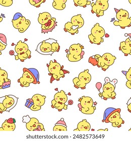 Cute kawaii little chick. Seamless pattern. Cartoon baby farm birds characters. Hand drawn style. Vector drawing. Design ornaments.
