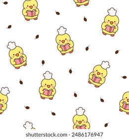 Cute kawaii little chick. Seamless pattern. Cartoon baby farm birds characters. Hand drawn style. Vector drawing. Design ornaments.