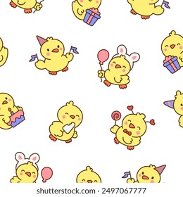 Cute kawaii little chick. Seamless pattern. Cartoon baby farm birds characters. Hand drawn style. Vector drawing. Design ornaments.