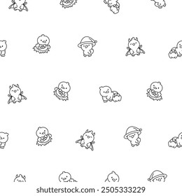Cute kawaii little chick. Seamless pattern. Coloring Page. Cartoon baby farm birds characters. Hand drawn style. Vector drawing. Design ornaments.